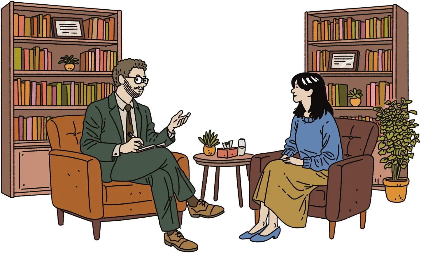Illustration of a psychiatrist and a patient in conversation, seated in armchairs in a warm room lined with bookshelves and plants